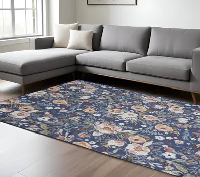 9' X 12' Blue Pink And Green Floral Distressed Washable Area Rug