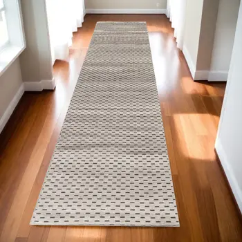 10' Beige And Black Geometric Washable Runner Rug