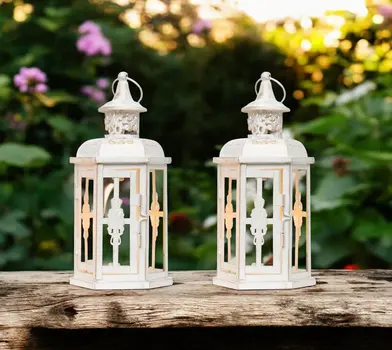 Set of Two White And Gold Glass And Metal Filigree Tabletop Lantern Candle Holders