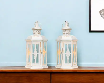 Set of Two White And Gold Glass And Metal Filigree Tabletop Lantern Candle Holders