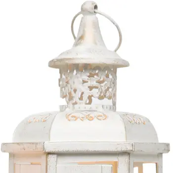 Set of Two White And Gold Glass And Metal Filigree Tabletop Lantern Candle Holders