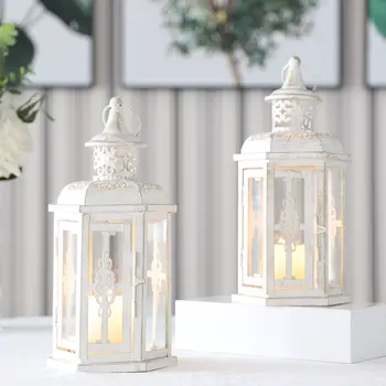 Set of Two White And Gold Glass And Metal Filigree Tabletop Lantern Candle Holders