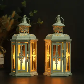 Set of Two White And Gold Glass And Metal Filigree Tabletop Lantern Candle Holders