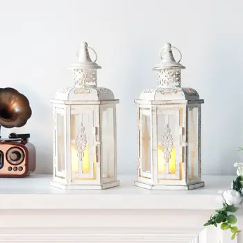 Set of Two White And Gold Glass And Metal Filigree Tabletop Lantern Candle Holders