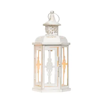 Set of Two White And Gold Glass And Metal Filigree Tabletop Lantern Candle Holders
