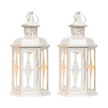 Set of Two White And Gold Glass And Metal Filigree Tabletop Lantern Candle Holders
