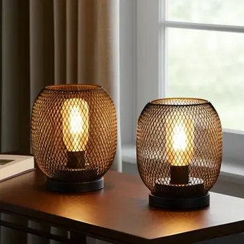 Set of Two 7" Black Metal Lantern Bedside Lamps With Black Lattice Cage Shade