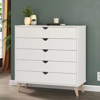 36" White And Natural Wood Five Drawer Dresser