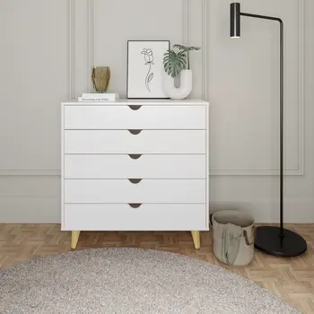 36" White And Natural Wood Five Drawer Dresser