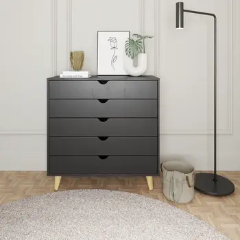 36" Black And Natural Wood Five Drawer Dresser