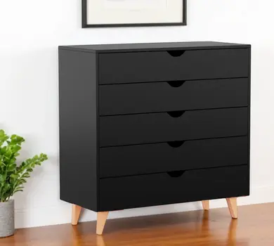 36" Black And Natural Wood Five Drawer Dresser
