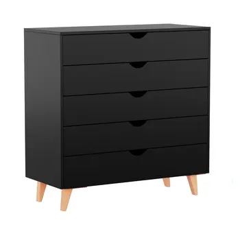 36" Black And Natural Wood Five Drawer Dresser