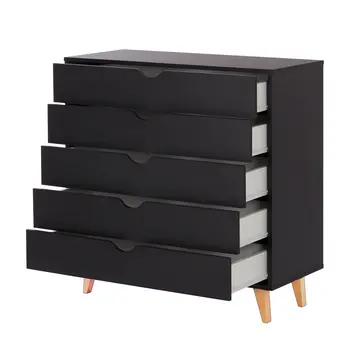 36" Black And Natural Wood Five Drawer Dresser
