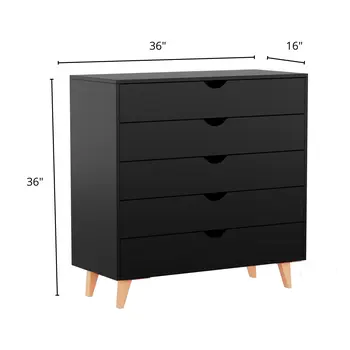 36" Black And Natural Wood Five Drawer Dresser