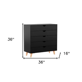 36" Black And Natural Wood Five Drawer Dresser