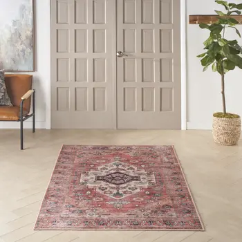 4' X 6' Blue and Red Oriental Power Loom Distressed Washable Non Skid Area Rug