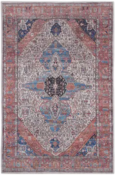 4' X 6' Red and Ivory Oriental Power Loom Distressed Washable Non Skid Area Rug