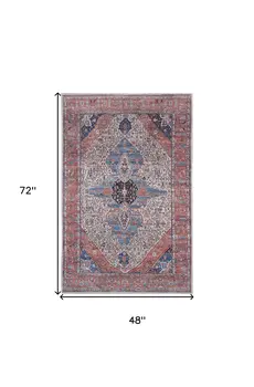 4' X 6' Red and Ivory Oriental Power Loom Distressed Washable Non Skid Area Rug