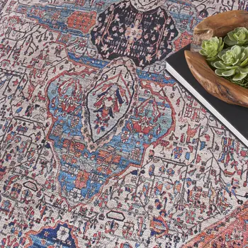 4' X 6' Red and Ivory Oriental Power Loom Distressed Washable Non Skid Area Rug