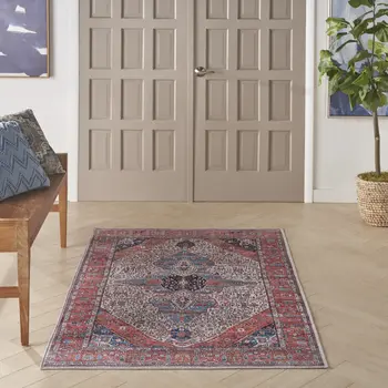 4' X 6' Red and Ivory Oriental Power Loom Distressed Washable Non Skid Area Rug