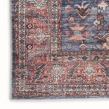 4' X 6' Blue and Red Oriental Power Loom Distressed Washable Non Skid Area Rug