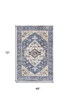 4' X 6' Blue and Beige Oriental Power Loom Distressed Washable Non Skid Area Rug