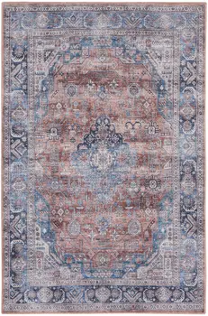 4' X 6' Blue and Red Oriental Power Loom Distressed Washable Non Skid Area Rug