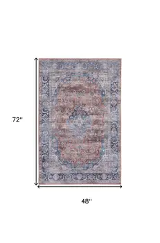 4' X 6' Blue and Red Oriental Power Loom Distressed Washable Non Skid Area Rug