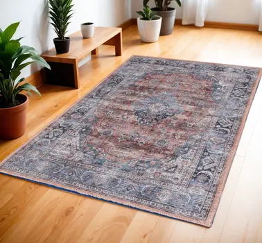 4' X 6' Blue and Red Oriental Power Loom Distressed Washable Non Skid Area Rug