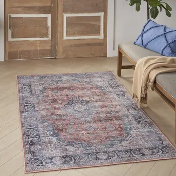 4' X 6' Blue and Red Oriental Power Loom Distressed Washable Non Skid Area Rug
