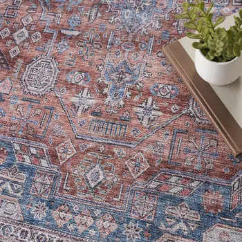 4' X 6' Blue and Red Oriental Power Loom Distressed Washable Non Skid Area Rug