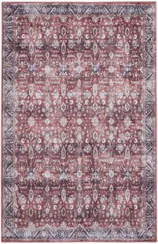 4' X 6' Red and Ivory Oriental Power Loom Distressed Washable Non Skid Area Rug
