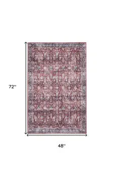 4' X 6' Red and Ivory Oriental Power Loom Distressed Washable Non Skid Area Rug