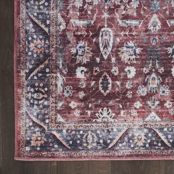 4' X 6' Red and Ivory Oriental Power Loom Distressed Washable Non Skid Area Rug