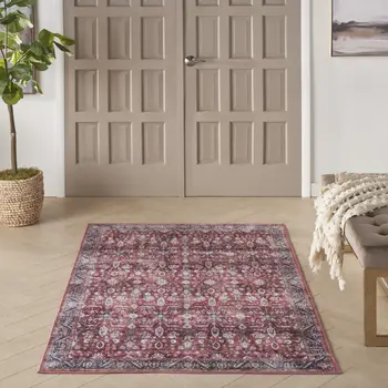 4' X 6' Red and Ivory Oriental Power Loom Distressed Washable Non Skid Area Rug
