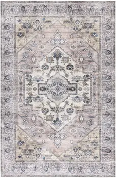 4' X 6' Pink and Blue Oriental Power Loom Distressed Washable Non Skid Area Rug