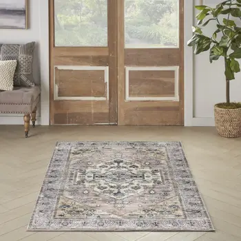 4' X 6' Pink and Blue Oriental Power Loom Distressed Washable Non Skid Area Rug