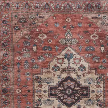 5' X 7' Blue and Red Oriental Power Loom Distressed Washable Non Skid Area Rug