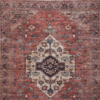 5' X 7' Blue and Red Oriental Power Loom Distressed Washable Non Skid Area Rug