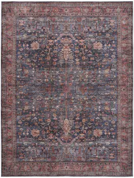 5' X 7' Blue and Red Oriental Power Loom Distressed Washable Non Skid Area Rug