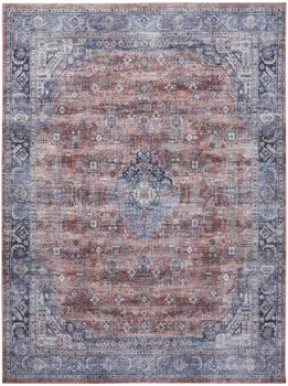 5' X 7' Blue and Red Oriental Power Loom Distressed Washable Non Skid Area Rug
