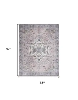 5' X 7' Pink and Blue Oriental Power Loom Distressed Washable Non Skid Area Rug