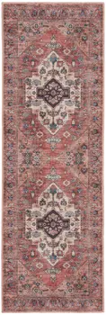 6' Red And Ivory Oriental Distressed Washable Runner Rug