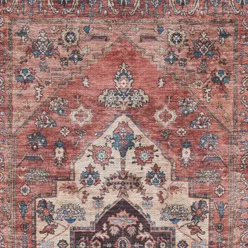 6' Red And Ivory Oriental Distressed Washable Runner Rug