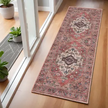 6' Red And Ivory Oriental Distressed Washable Runner Rug