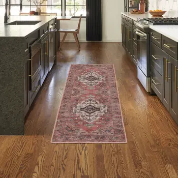 6' Red And Ivory Oriental Distressed Washable Runner Rug