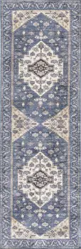 6' Blue and Ivory Oriental Power Loom Distressed Washable Non Skid Runner Rug