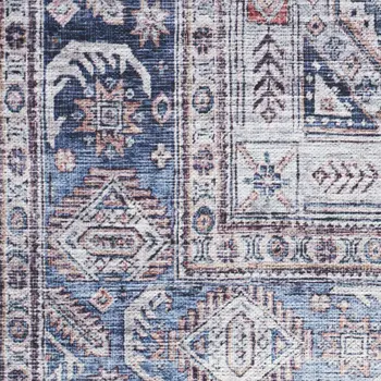 6' Blue and Red Oriental Power Loom Distressed Washable Non Skid Runner Rug