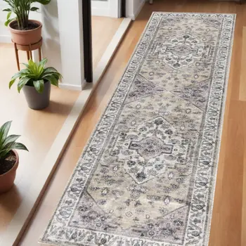 6' Beige And Ivory Oriental Distressed Washable Runner Rug