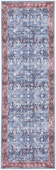 6' Blue and Red Oriental Power Loom Distressed Washable Non Skid Runner Rug